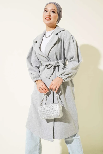 Kruvaze Yaka Belden Bağlamalı Kaban Gri - Resim 2