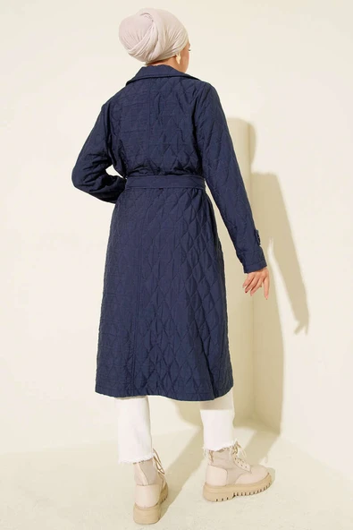 Kuşaklı Kapitone Kap Lacivert - Resim 3