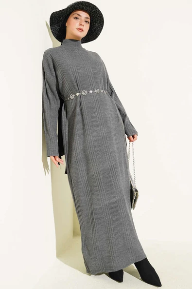 Dik Yaka Fitilli Triko Elbise Füme - Resim 2