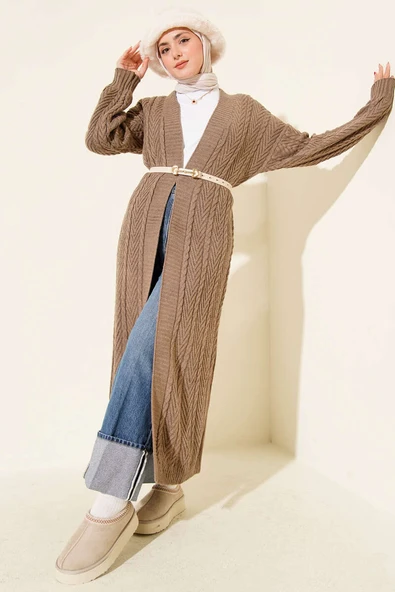 Örgü Büzgülü Uzun Triko Hırka Vizon ürün görseli