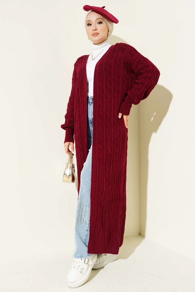 Saç Örgü Uzun Triko Hırka Bordo - Resim 2