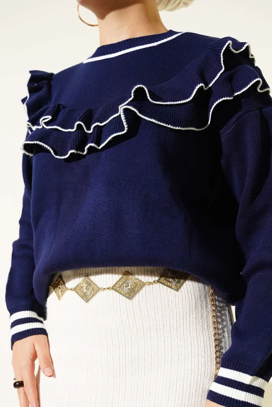 Önü Fırfırlı Triko Kazak Lacivert - Resim 4