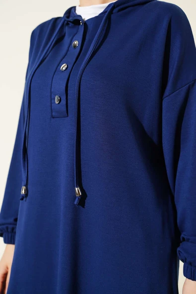 Yanları Metal Düğmeli Kapşonlu İkili Takım Lacivert - Resim 4