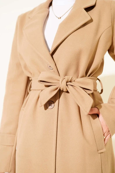 Kruvaze Yaka Kaşe Kaban Latte - Resim 4