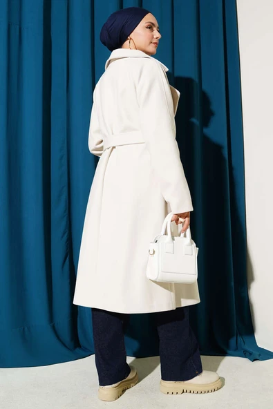 Tahta Düğmeli Kruvaze Yaka Kaşe Kaban Taş - Resim 3