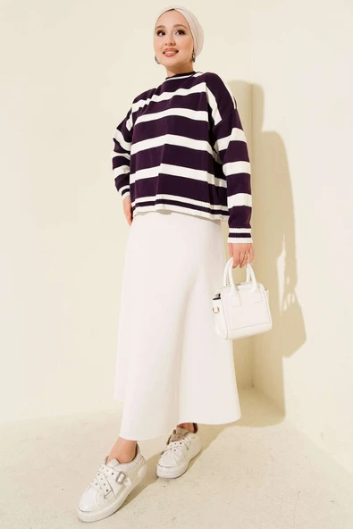 Yatay Çizgi Detaylı Kısa Triko Kazak Mor - Resim 2