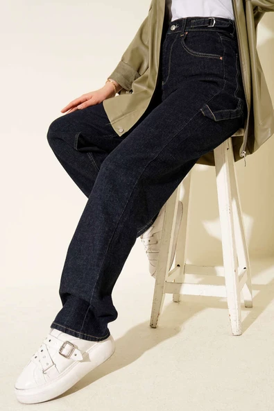 Yan Kemer Tokalı Mom Kot Pantolon Lacivert ürün görseli 1