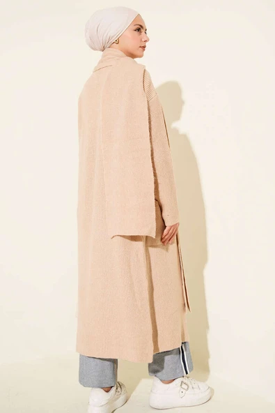 Şal Yaka Cepli Uzun Triko Hırka Latte - Resim 3