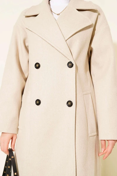 Şal Yaka Uzun Kaşe Kaban Bej - Resim 4