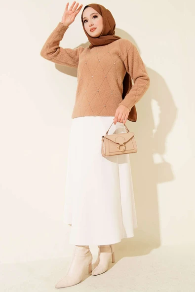 Serpme Taşlı Çizgili Sakallı Kazak Latte - Resim 2