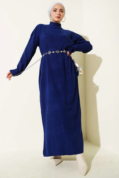 Dik Yaka Fitilli Triko Elbise Lacivert ürün görseli 1