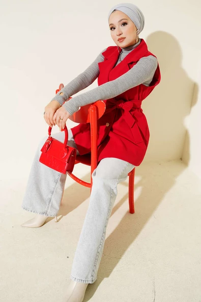 Sıfır Kol Kuşaklı Kaşe Yelek Kırmızı