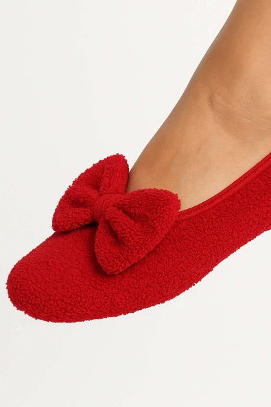 Kadın Kurdeleli Peluş Patik Kırmızı - Resim 2