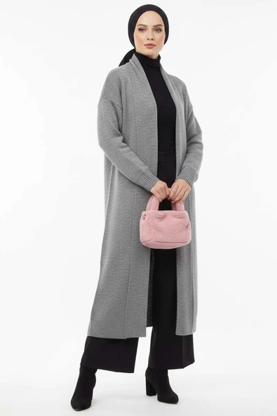 Şal Yaka Uzun Triko Hırka Gri ürün görseli