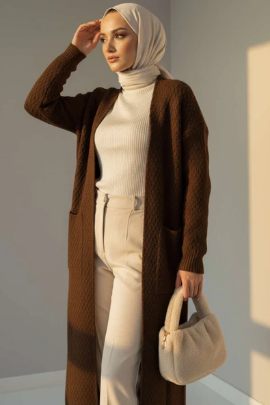 Geniş Cepli Uzun Triko Hırka Kahve - Resim 2