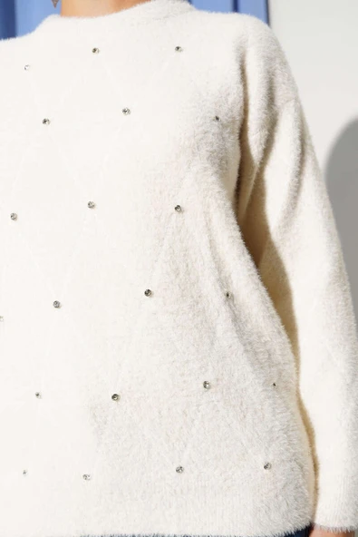 Serpme Taşlı Çizgili Sakallı Kazak Ekru - Resim 4