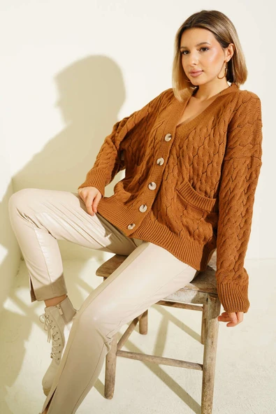 Oversize Cepli Örgü Hırka Taba