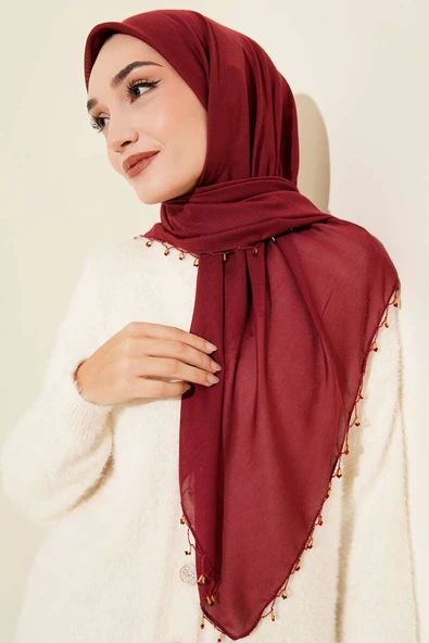 Mini Boncuk Detaylı Eşarp Bordo - Resim 2