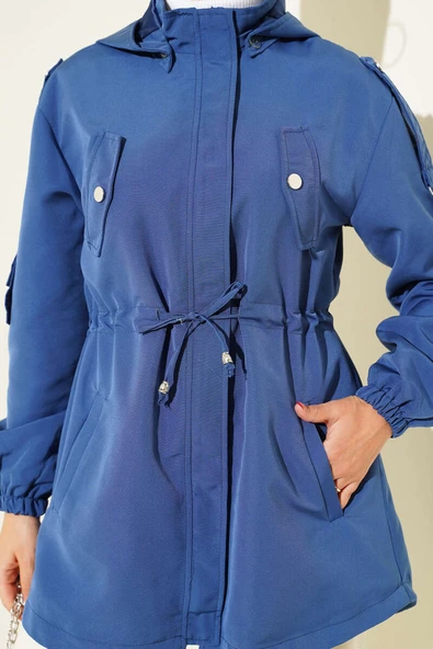 Bel Tünelli Kapüşonlu Trençkot İndigo - Resim 4