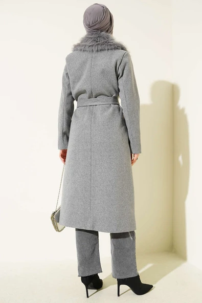 Yaka Kürk Detaylı Kaşe Kaban Gri - 3