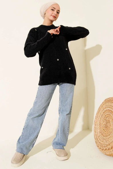 Serpme Taş Detaylı Sakallı Tunik Siyah - Resim 2