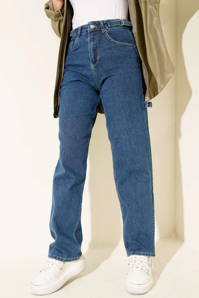 Yan Kemer Tokalı Mom Kot Pantolon Mavi - Resim 2