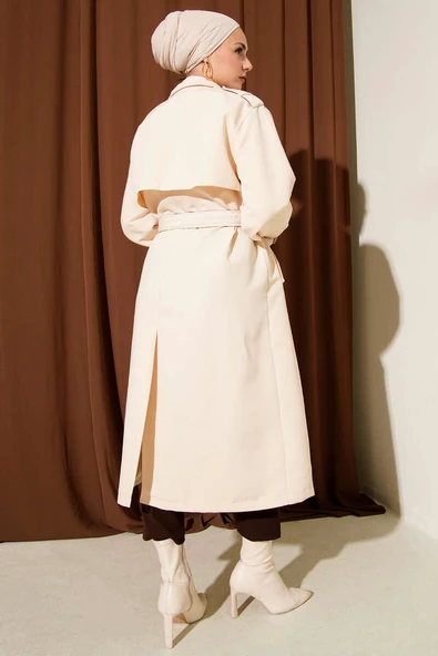 Çıtçıt Düğmeli Deri Detaylı Trençkot Ekru - Resim 3