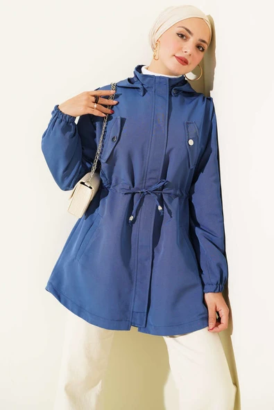 Bel Tünelli Kapüşonlu Trençkot İndigo ürün görseli 1