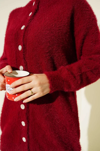 Gold Düğmeli Peluş Hırka Bordo - Resim 4