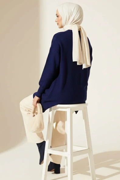 Örgü Kabartmalı Yumoş Triko Tunik Lacivert - Resim 3