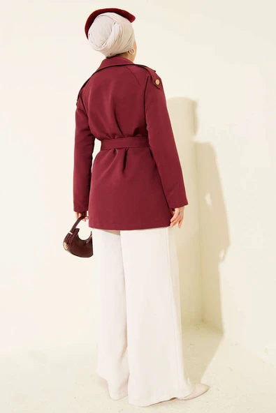 Tek Omuz Apoletli Düğmeli Trençkot Bordo - Resim 3
