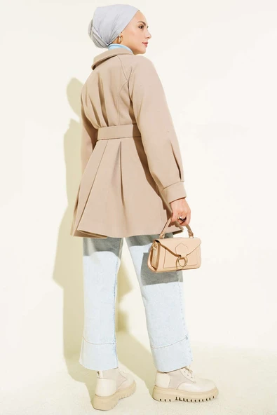 Kemerli Kısa Kaşe Kaban Bej - 3