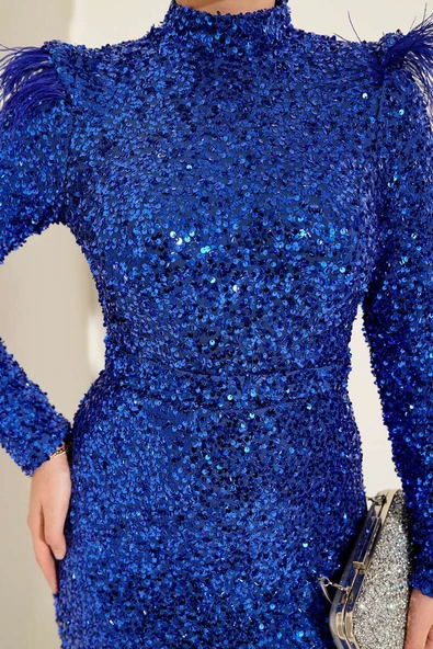 Omuzları Tüylü Pul Payet Abiye Elbise Saks - Resim 4