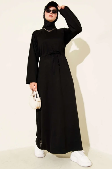 Bisiklet Yaka Bel Tünelli Loyşa Elbise Siyah ürün görseli 1