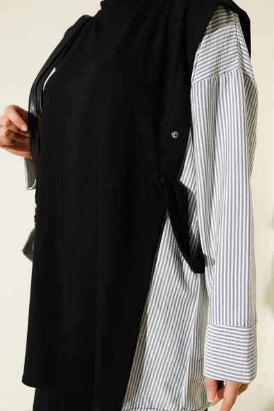 Çizgi Garnili Bisiklet Yaka Loyşa İkili Takım Siyah - Resim 4