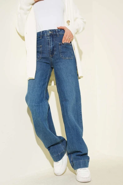 Üst Cepli Palazzo Kot Pantolon Açık Mavi - Resim 2