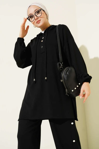 Yanları Metal Düğmeli Kapşonlu İkili Takım Siyah - Resim 2