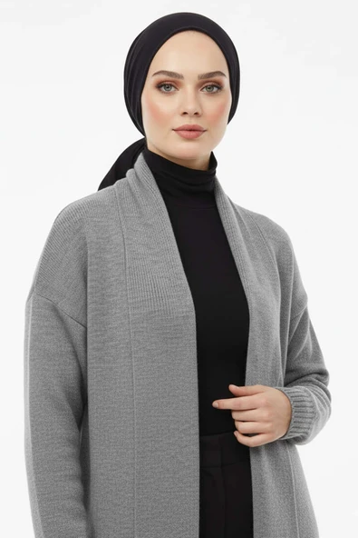 Şal Yaka Uzun Triko Hırka Gri - Resim 2