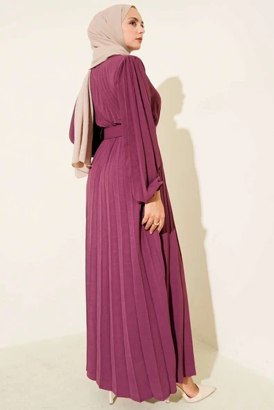 Piliseli Kemerli Ayrobin Elbise Menekşe - Resim 3