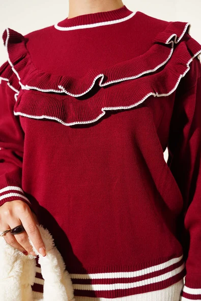 Önü Fırfırlı Triko Kazak Bordo - Resim 4