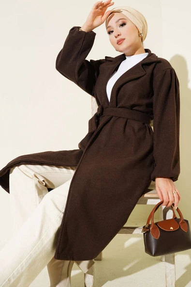 Cepli Kuşaklı Kruvaze Yaka Kaşe Kaban Kahve - Resim 2