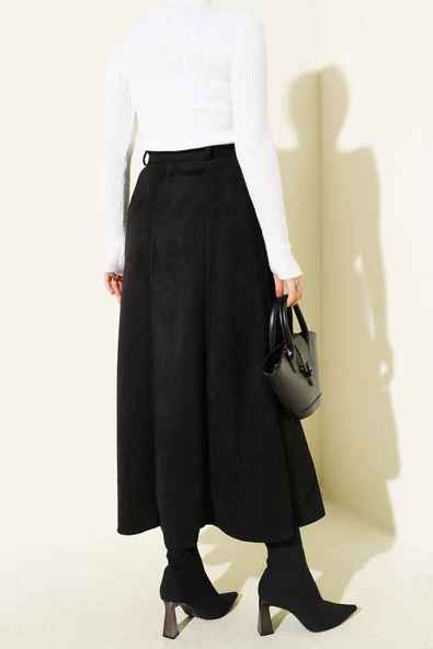 İnce Kemerli Süet Etek Siyah - Resim 3