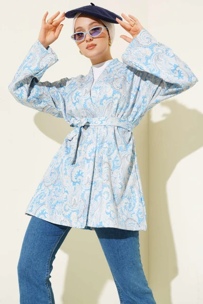 Desenli İp Bağcıklı Kimono Mavi ürün görseli 1