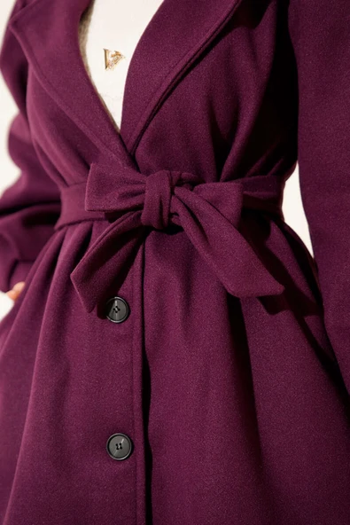 Balon Kollu Uzun Model Mor Kaşe Kaban - Resim 4