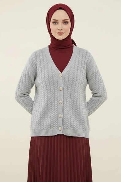 Saç Örgülü Düğmeli Triko Hırka Gri ürün görseli