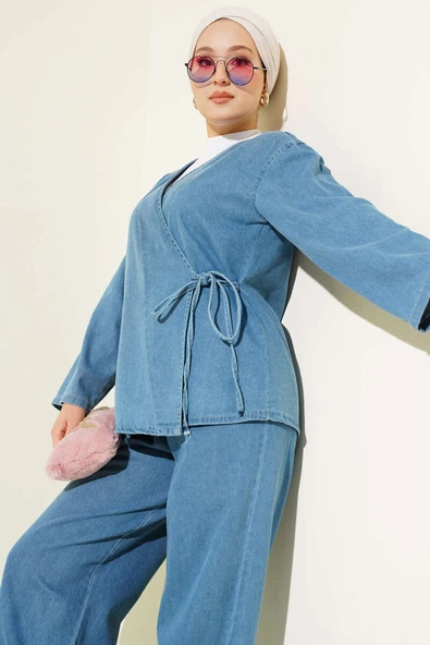 İp Bağlamalı V Yaka Kot İkili Takım Açık Mavi - Resim 2