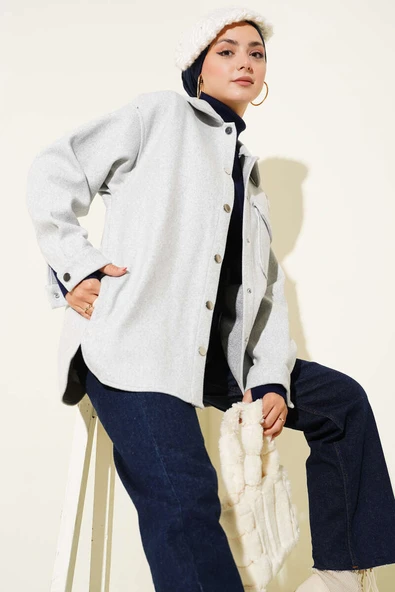 Çıtçıt Düğmeli Gömlek Yaka Kaşe Ceket Açık Gri