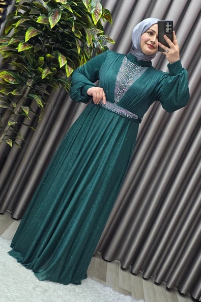 Kadın Tesettür Giyim Büyük Beden Simli Kübra Abiye - Resim 7