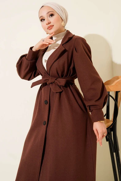 Balon Kollu Uzun Model Kestane Kaşe Kaban - 2