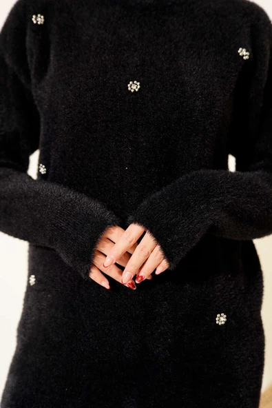 Serpme Taş Detaylı Sakallı Tunik Siyah - Resim 4